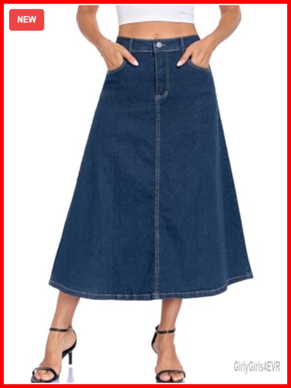 A-Line High Waisted Long Denim Maxi Jean Skirt Stretchy Flared with Pockets